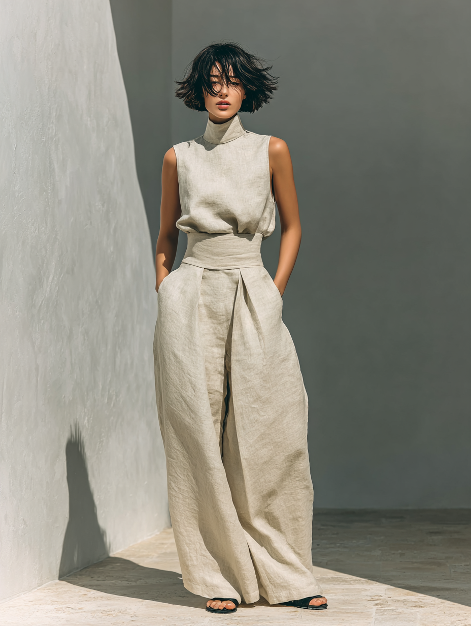 SELENE | ENSEMBLE MINIMALISTE EN COTON ET LIN AVEC PANTALON LARGE