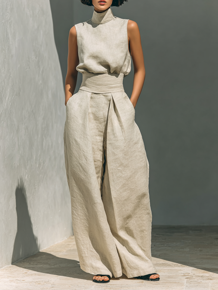 SELENE | ENSEMBLE MINIMALISTE EN COTON ET LIN AVEC PANTALON LARGE