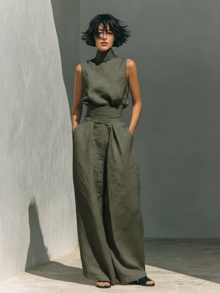 SELENE | ENSEMBLE MINIMALISTE EN COTON ET LIN AVEC PANTALON LARGE